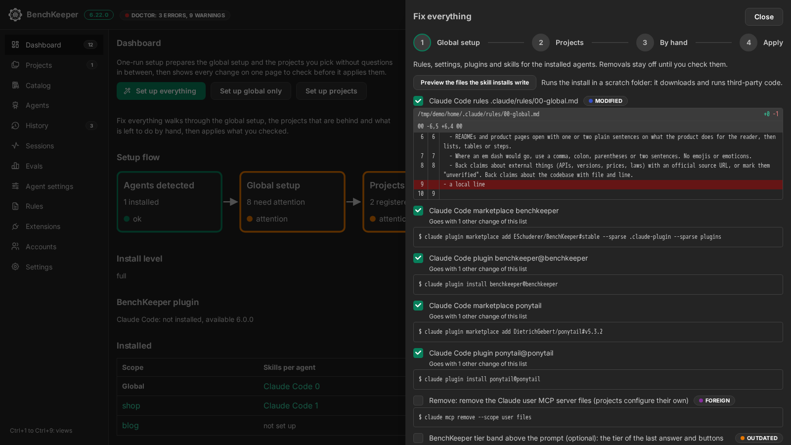 The Fix everything drawer on step 1, Global setup: the rules file marked modified with its diff, then the plugin and marketplace installs as commands, one checkbox each.