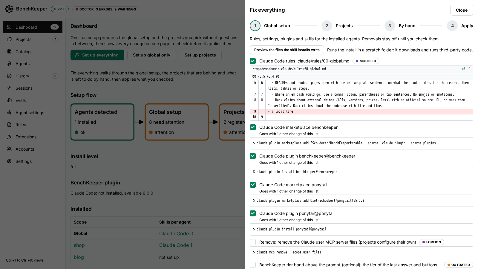 The Fix everything drawer on step 1, Global setup: the rules file marked modified with its diff, then the plugin and marketplace installs as commands, one checkbox each.