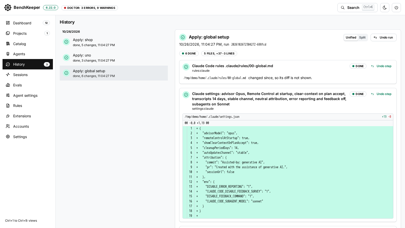 The History view: a list of two runs, and the report of the global setup run with the number of changes done and a diff per changed file, unified or split, each with an Undo step button.