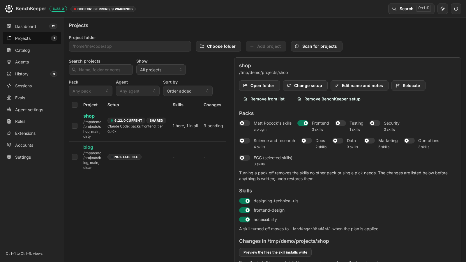 The Projects view: a table of two projects with setup version, skills and pending changes, and the detail of the first with its pack and skill switches and the pending changes as commands and diffs.
