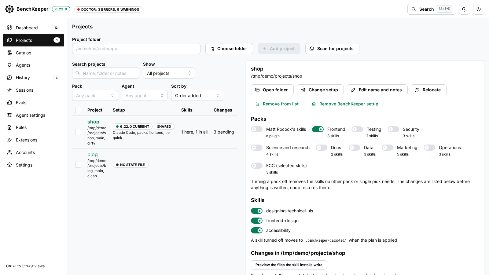 The Projects view: a table of two projects with setup version, skills and pending changes, and the detail of the first with its pack and skill switches and the pending changes as commands and diffs.