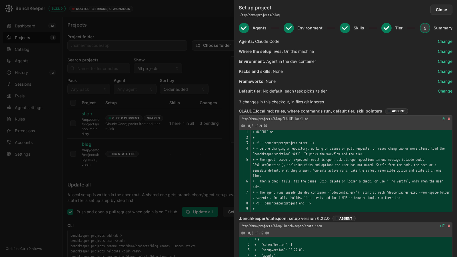 The Set up project drawer on its last step: the choice between a setup on this machine and one in the repository as a pull request, then the files it writes, CLAUDE.local.md and .benchkeeper/state.json, as diffs.